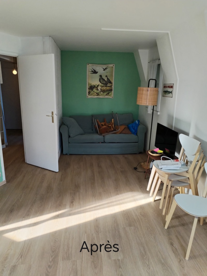 Salon rénové : mur peint vert, parquet clair, ambiance lumineuse